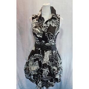 Y2K Dress IZ Byer Brown Sz 12 Tropical Print Belted Bubble Hem Sleeveless Dress